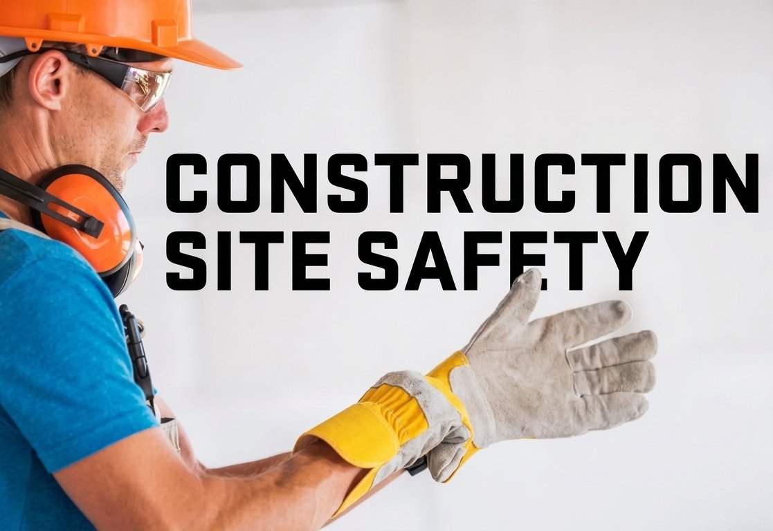 Construction site safety: worker in a hard hat, safety glasses, ear protection and work gloves